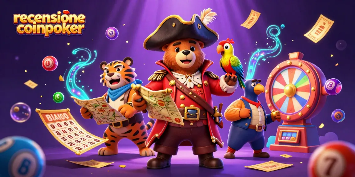 Gioca a poker in stile recensito su CoinPoker con un orso pirata, tigre e mappa del tesoro.