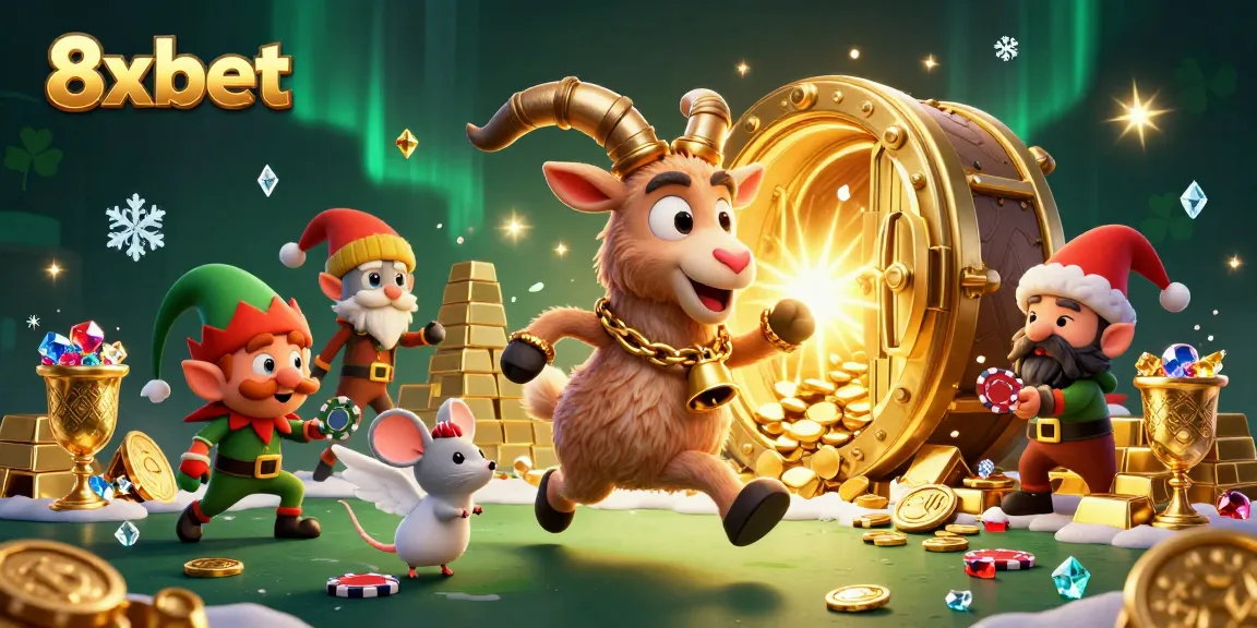 Experience festive casino chaos with 8xbet's animated characters collecting poker chips.