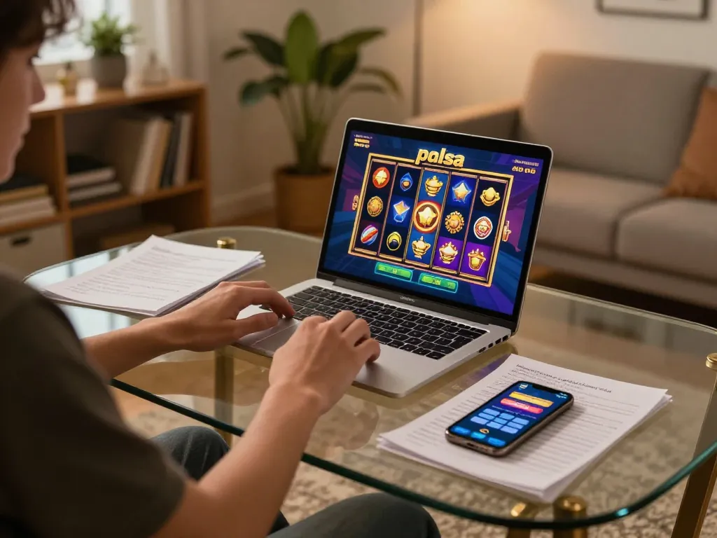 Engaging in slot pulsa online gameplay with a laptop in a cozy home setting, showcasing strategic notes.