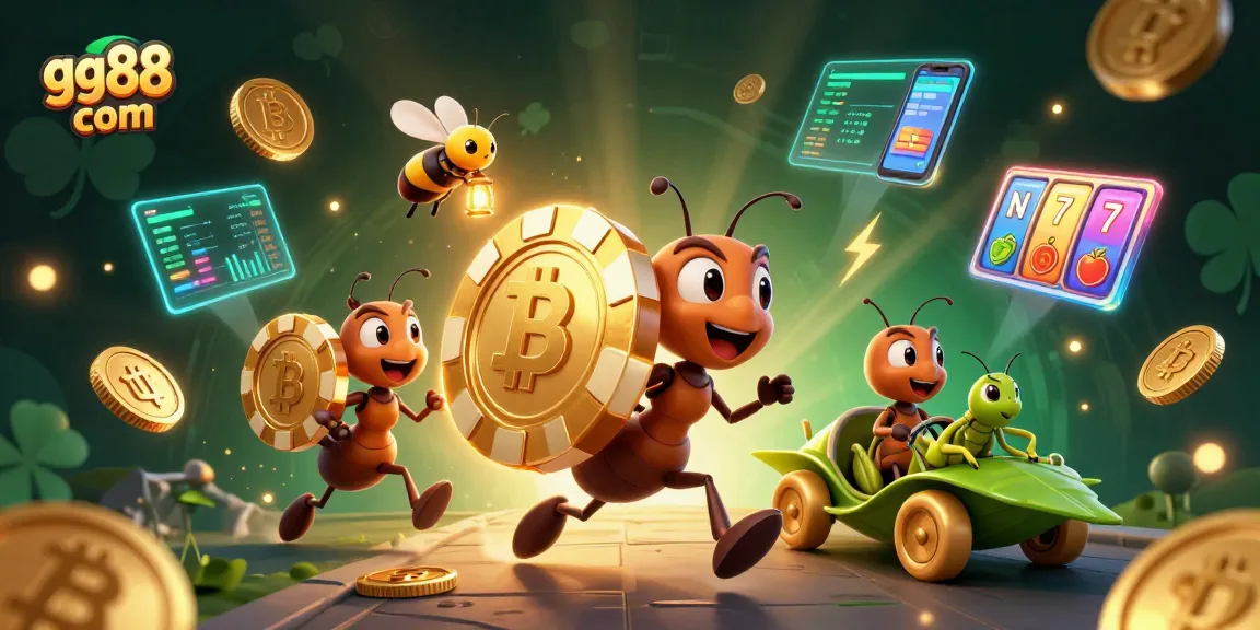 Experience thrilling gaming at gg88 com with a whimsical 3D heist by animated ants carrying a giant poker chip surrounded by crypto elements.