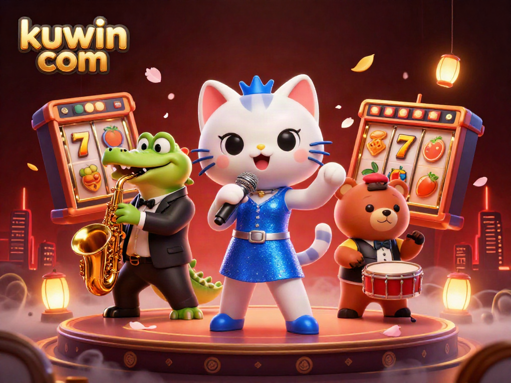 Experience the excitement of kuwin com with three dynamic characters performing amidst vibrant casino elements.