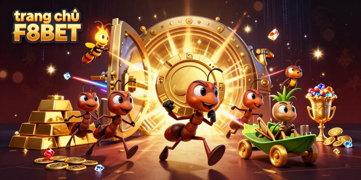 Experience the excitement of trang chủ F8BET with this vibrant heist scene featuring ants and golden treasures.