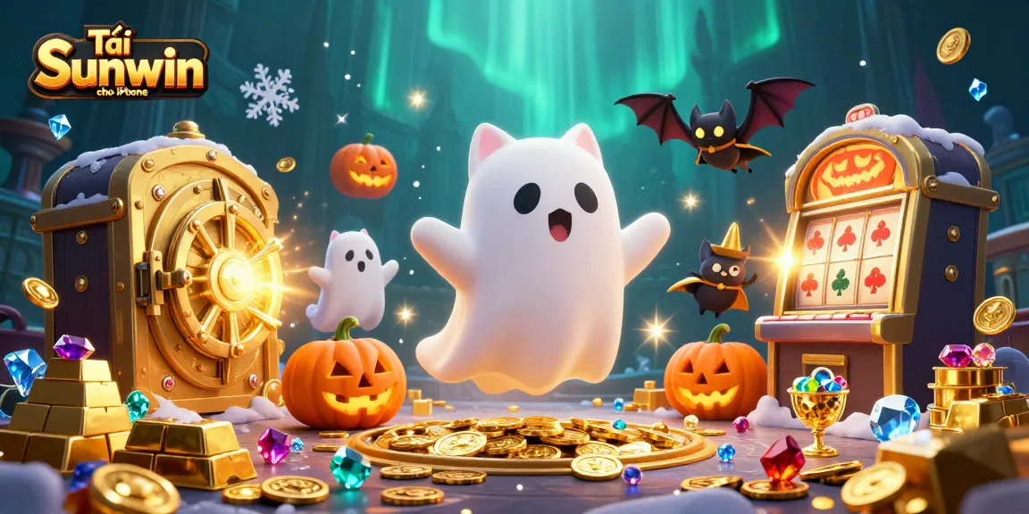Enjoy Tải Sunwin cho iPhone with a ghost cat and vivid casino riches illustration.
