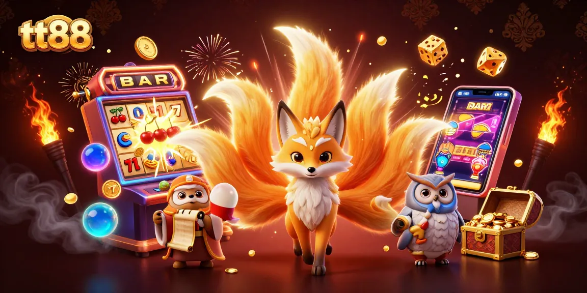 Engage with tt88's vibrant scene of slot machines and animated spirits, celebrating online gaming.