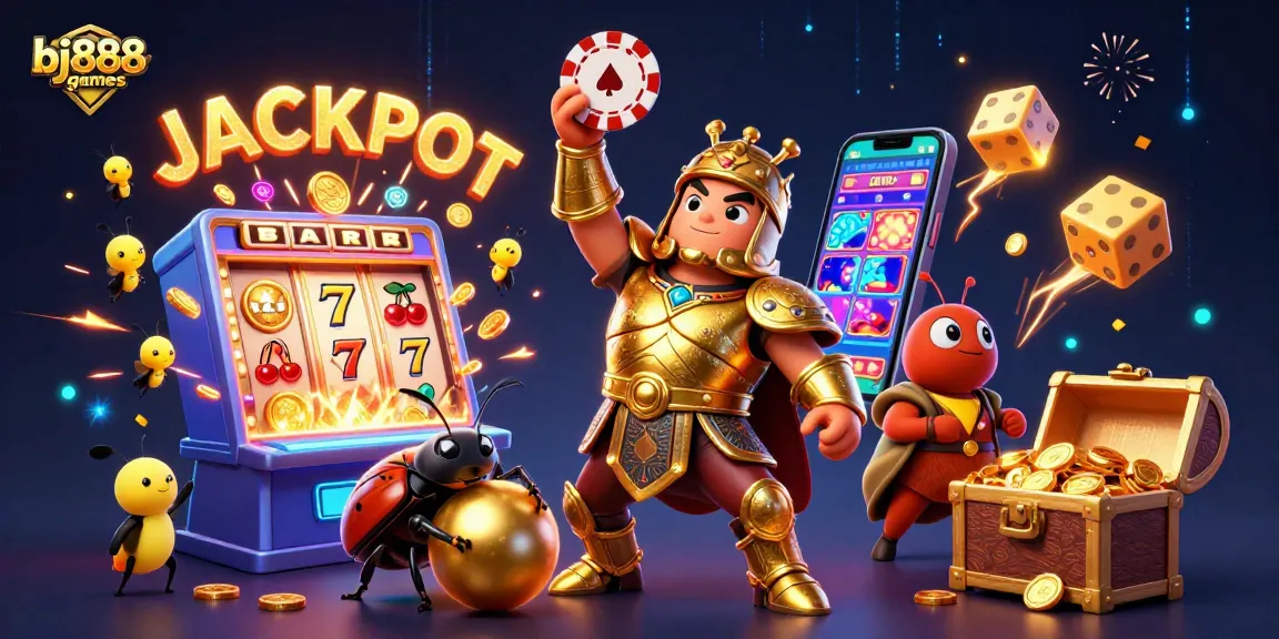 Engage with bj888games as a hercules beetle lifts a poker chip in victory amid a vibrant casino scene.