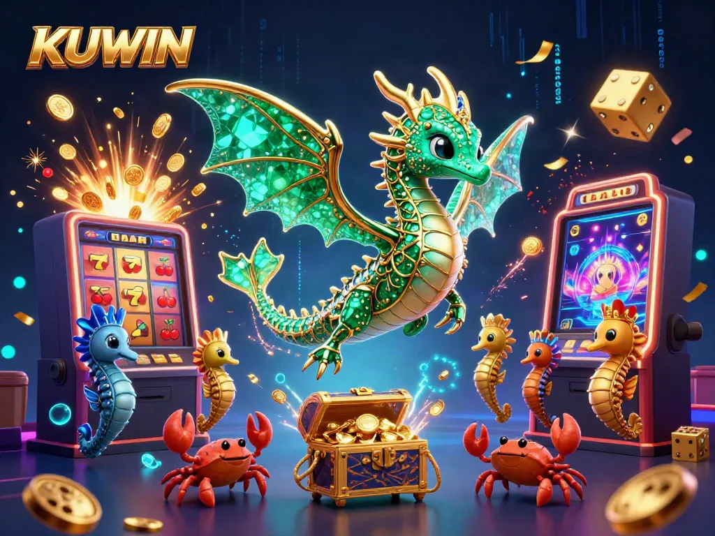 KUWIN sea dragon promotes stunning slots experience in vibrant 3D casino illustration.