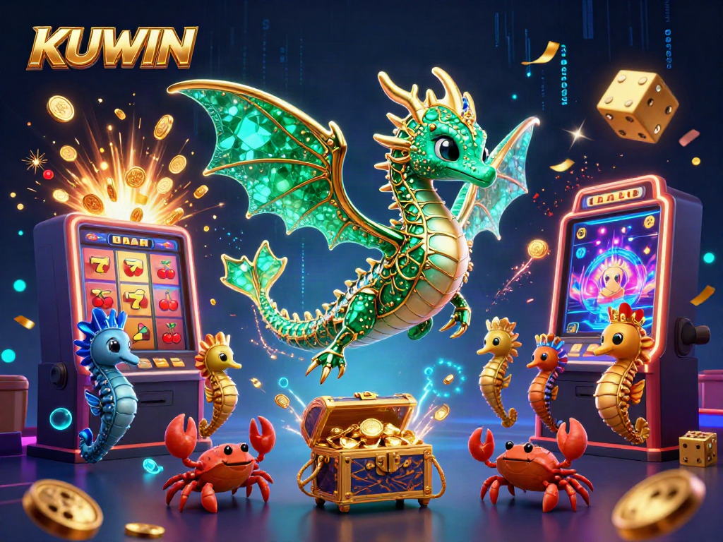 KUWIN sea dragon promotes stunning slots experience in vibrant 3D casino illustration.