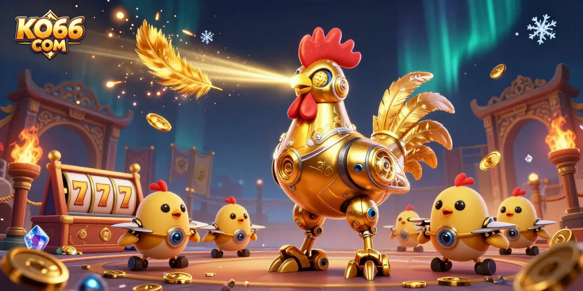 Engage in exciting casino adventures at KO66 COM with immersive golden rooster robot and feathers.