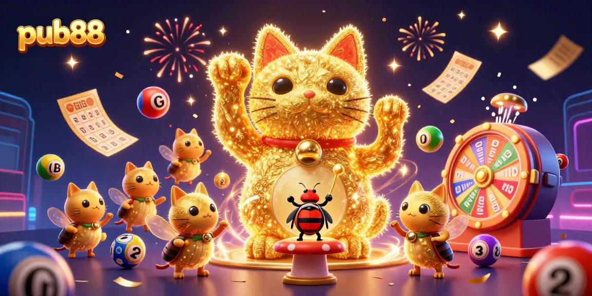 Win big with pub88 as golden fireflies transform into a lucky cat amidst vibrant casino symbols.