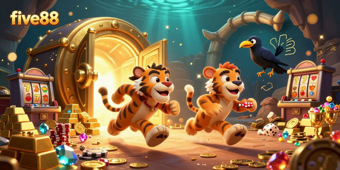 Experience the excitement of five88 with a colorful 3D casino scene featuring prehistoric creatures and treasures.
