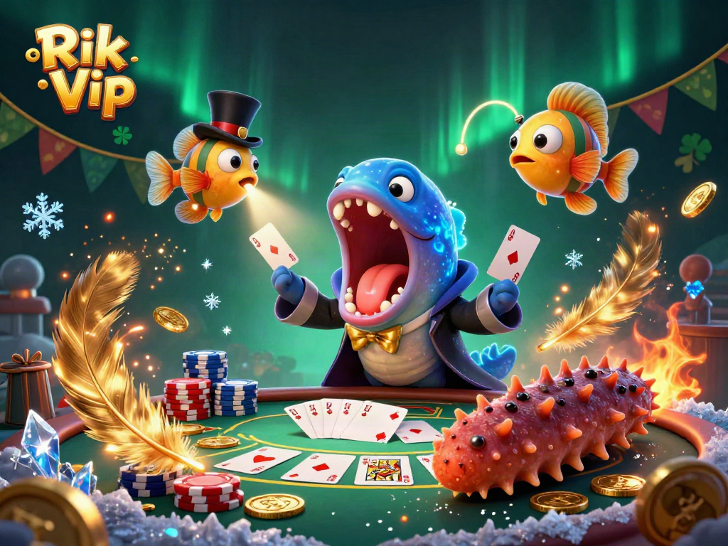 Engage in thrilling card tricks with Rik Vip's colorful characters amidst a magical casino scene.