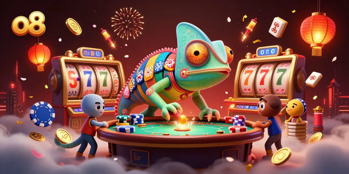 Experience the excitement of o8 casino with a vibrant scene featuring a colorful chameleon owner amidst slots, gold coins, and festive elements.