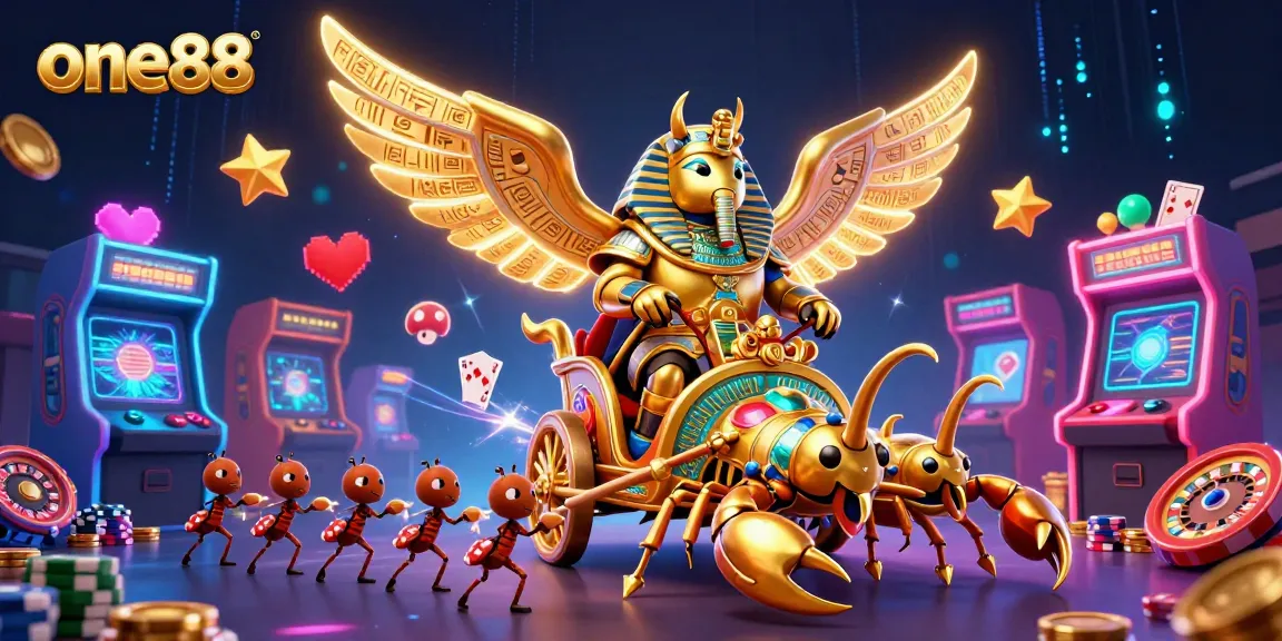 Experience thrilling online casino action with one88, featuring a golden scarab beetle and dynamic gaming elements.