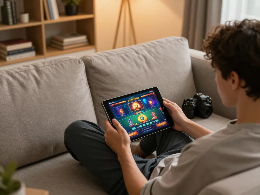 Player engaging in strategic betting on xin88 using a tablet in a cozy living room.