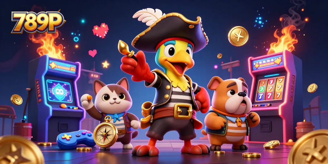 Experience thrilling gaming action at 789P with a vibrant illustration showcasing characters, slot reels, and more.