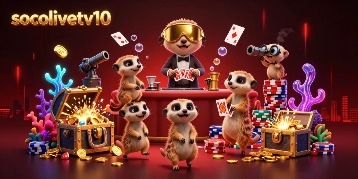 Socolivetv10 showcases a dynamic meerkat casino operation featuring colorful game elements and vibrant interactions.