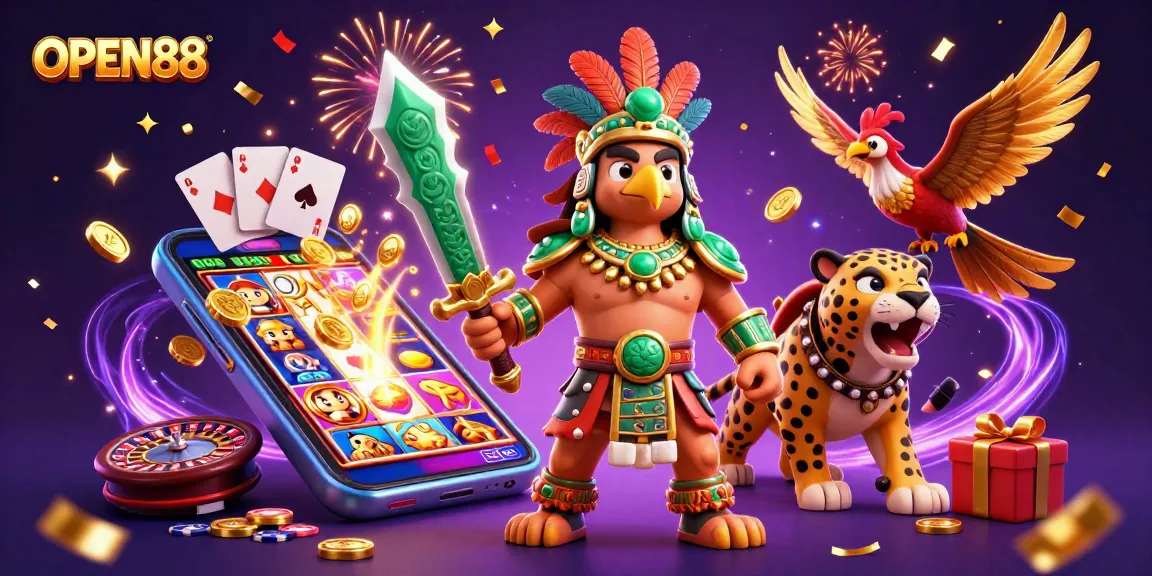 Experience thrilling wins with OPEN88 in a vibrant 3D casino scene filled with excitement.