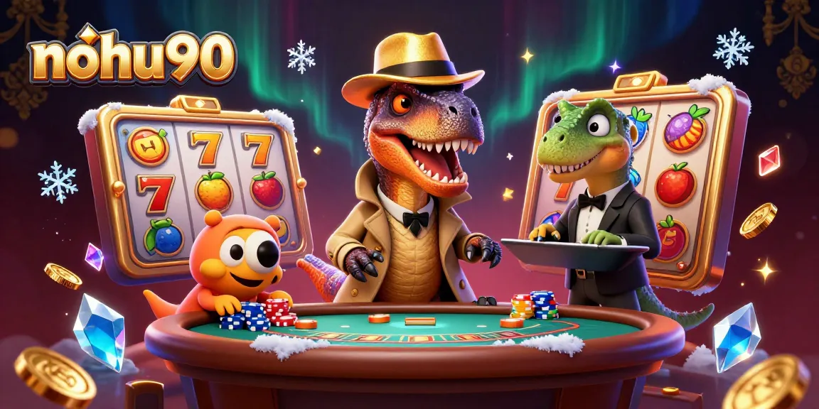 Nohu90 gaming scene featuring a velociraptor card counter at a blackjack table amidst vibrant slot game elements.