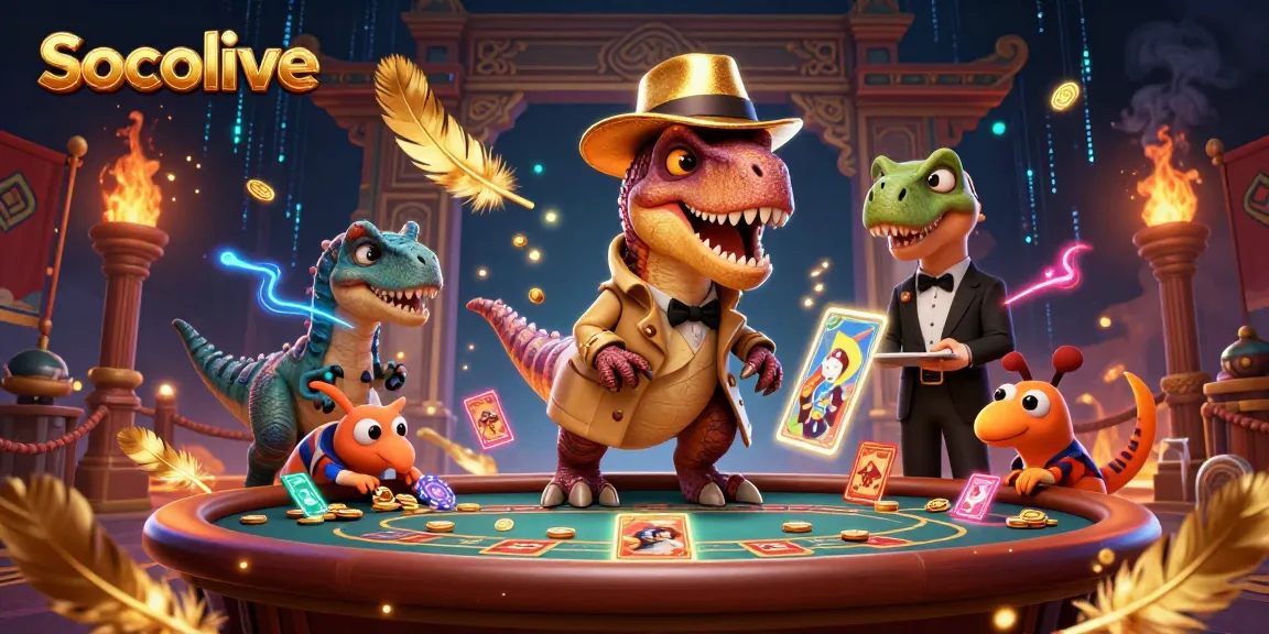 Socolive engages bettors with a dynamic illustration of vibrant casino action featuring a velociraptor card counter.