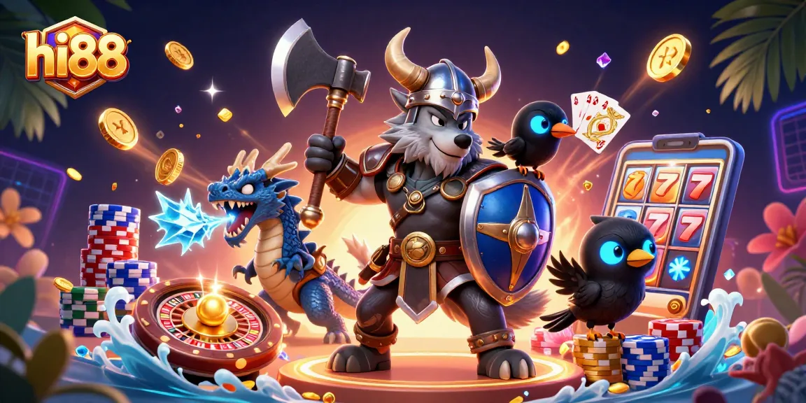 Win big on hi88 with a vibrant 3D illustration of a Viking wolf warrior, dragon, and casino elements.