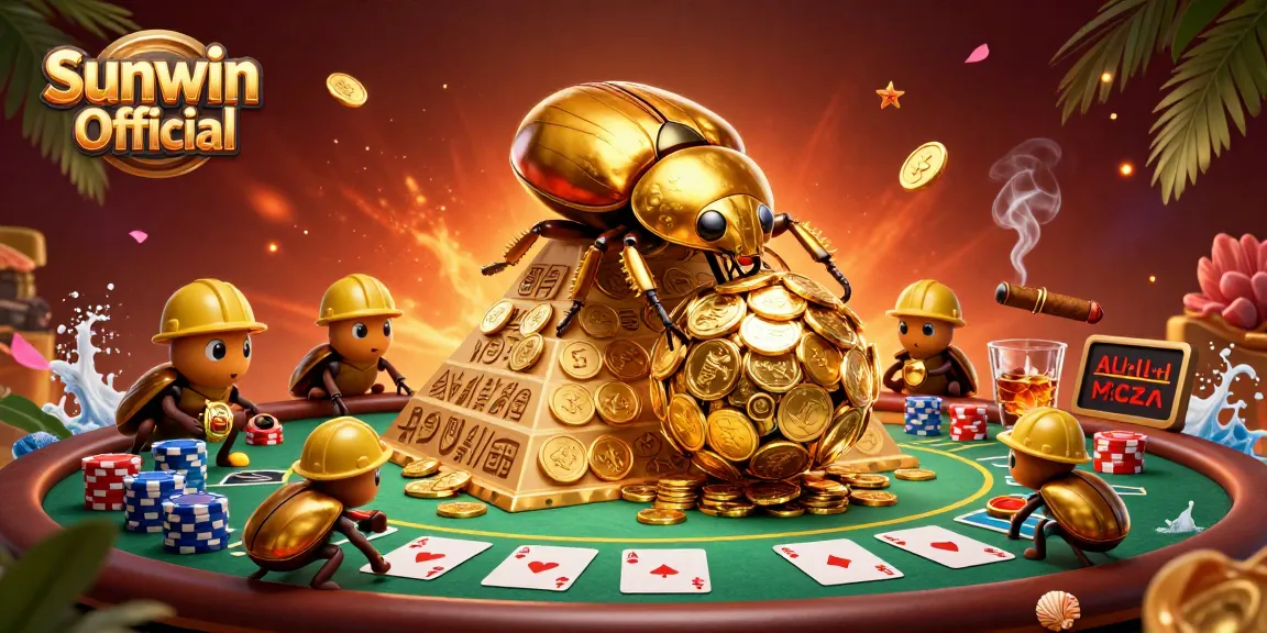 Engage with Sunwin Official as a golden beetle rolls jackpot coins up a pyramid at a vibrant casino scene.