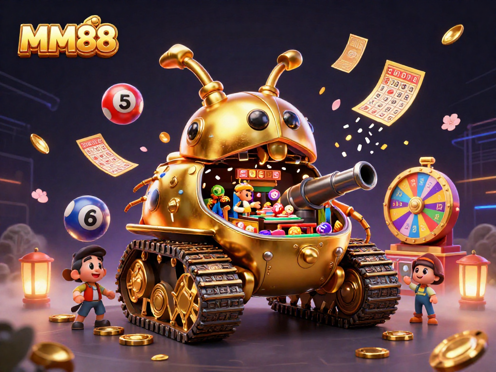 Experience gaming excitement at MM88 with a vibrant 3D illustration showcasing a golden beetle tank casino.