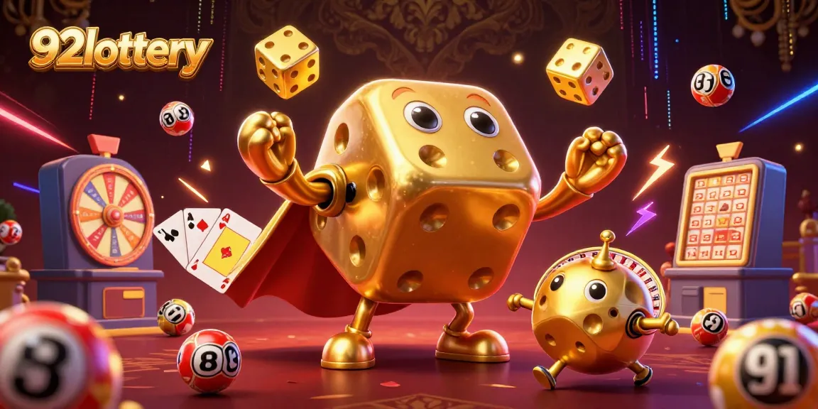 Experience 92lottery excitement with joyful golden dice golem characters juggling and celebrating winning numbers.