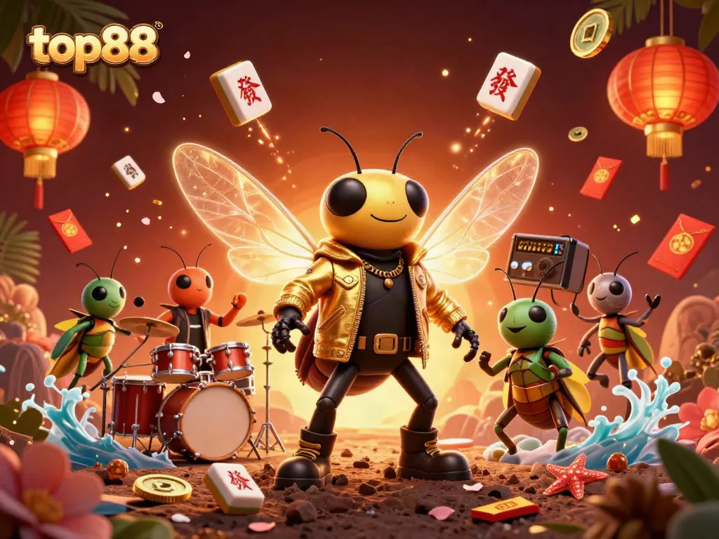 Experience the thrill of top88 with a dynamic scene featuring rock star characters in a vibrant casino atmosphere.