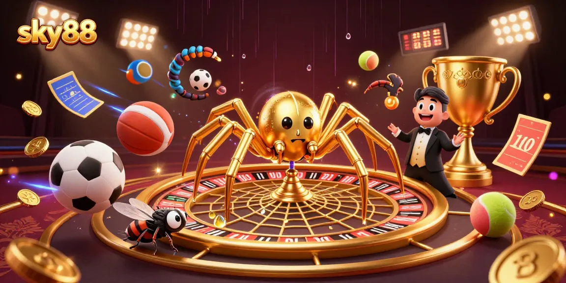 Place bets confidently at sky88 with a lively 3D casino scene featuring sports and web elements.