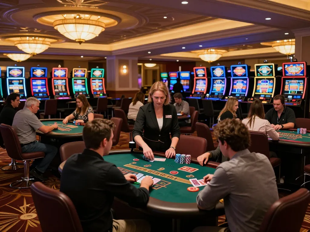 Engaging gameplay at casino mb66 with players at blackjack tables surrounded by vibrant slot machines.