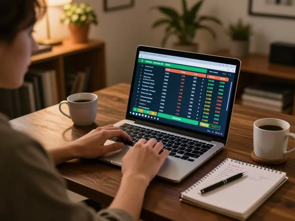 Person analyzing tỷ lệ kèo nhà cái 5 while betting on a laptop at home.