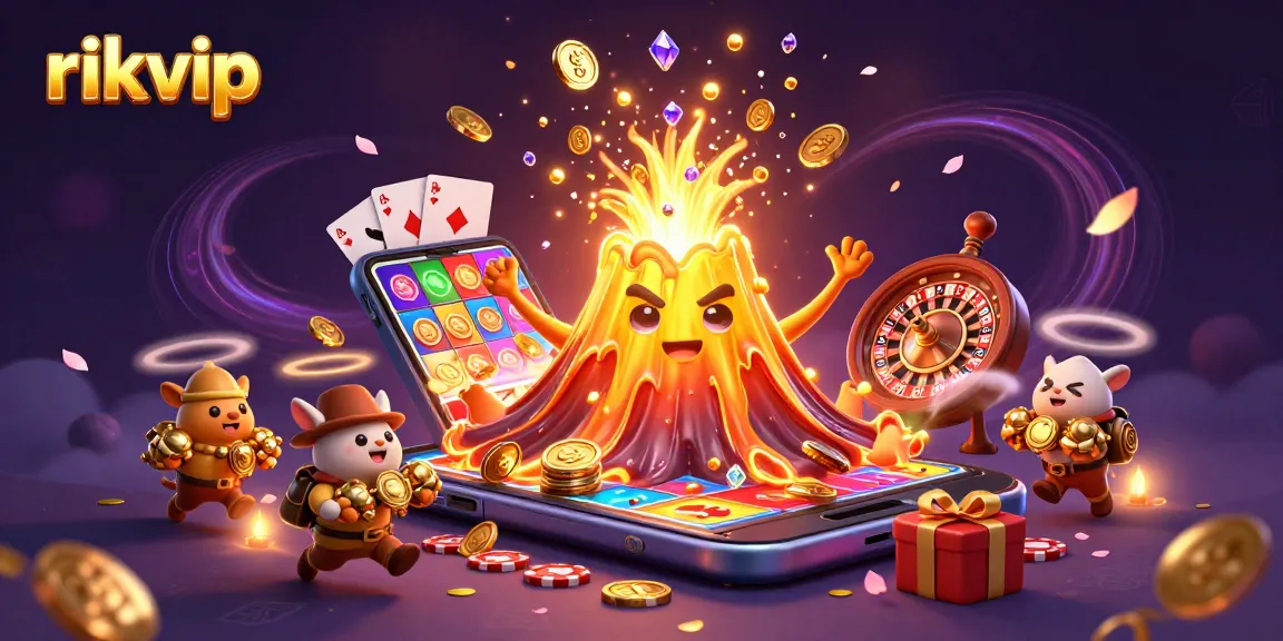 Experience thrilling wins at rikvip with a golden volcano erupting coins and treasure!