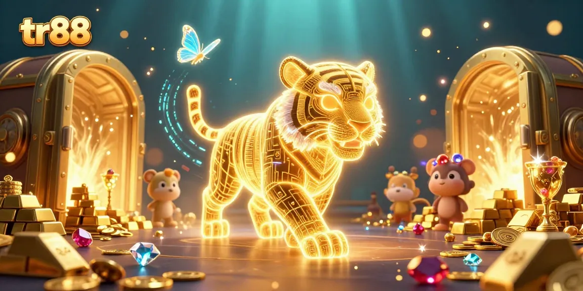 Experience thrilling wins at TR88 with a 3D golden tiger in a vibrant casino setting, showcasing excitement and gems.