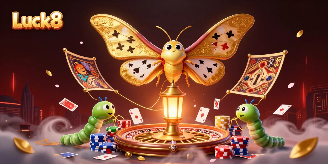 Luck8 showcases a vibrant casino scene with illuminated poker chips and cards spinning in action.