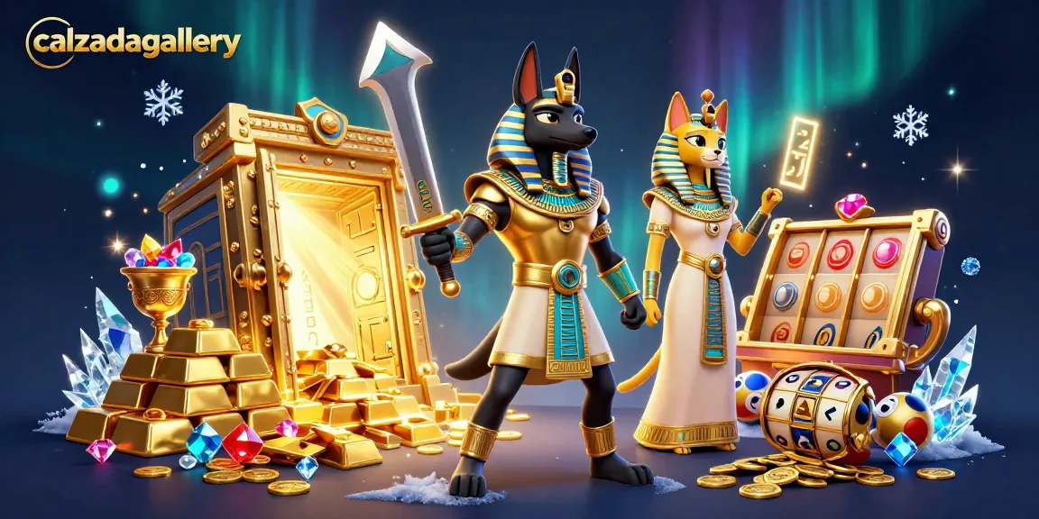 Experience excitement at calzadagallery with Anubis and Bastet amidst treasures and gaming elements.