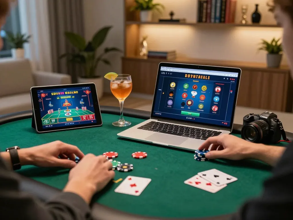 Engaging poker gameplay on 9bet's online platform in a cozy home office with strategic decor.