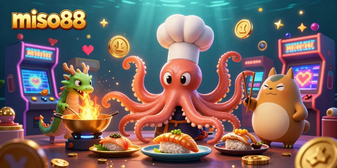 Engage with miso88's thrilling casino experience featuring a sushi chef octopus and a dragon.