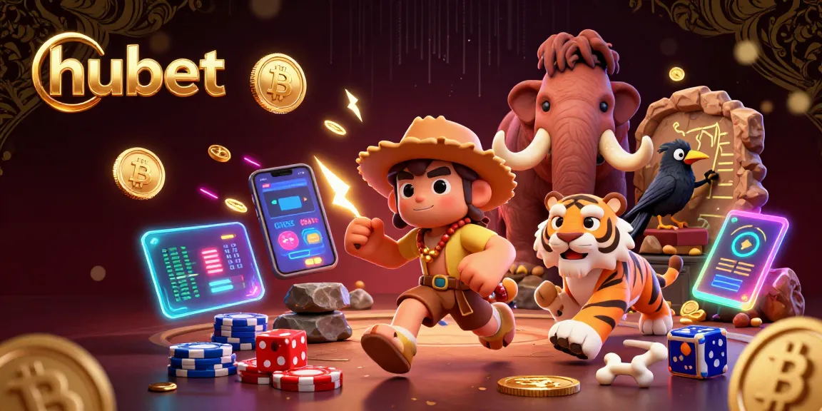 Play and win at hubet with a caveman and sabertooth tiger in a lively prehistoric casino scene.