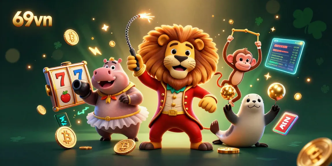 Play exciting slot games at 69vn with a vibrant 3D cartoon casino scene.