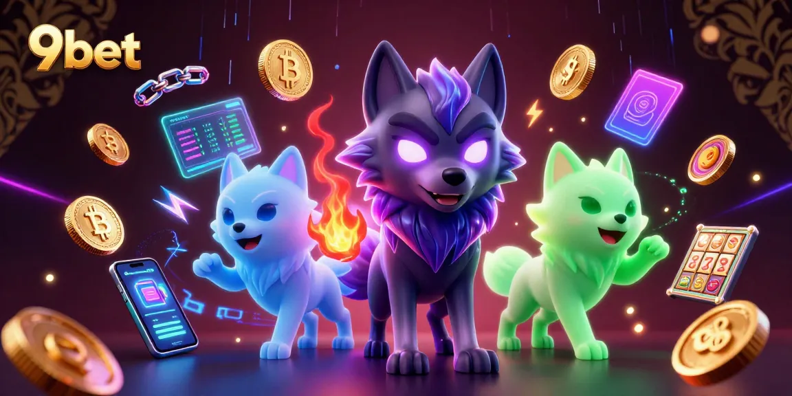 Engage with the vibrant slots scene at 9bet with animated wolves and crypto elements.