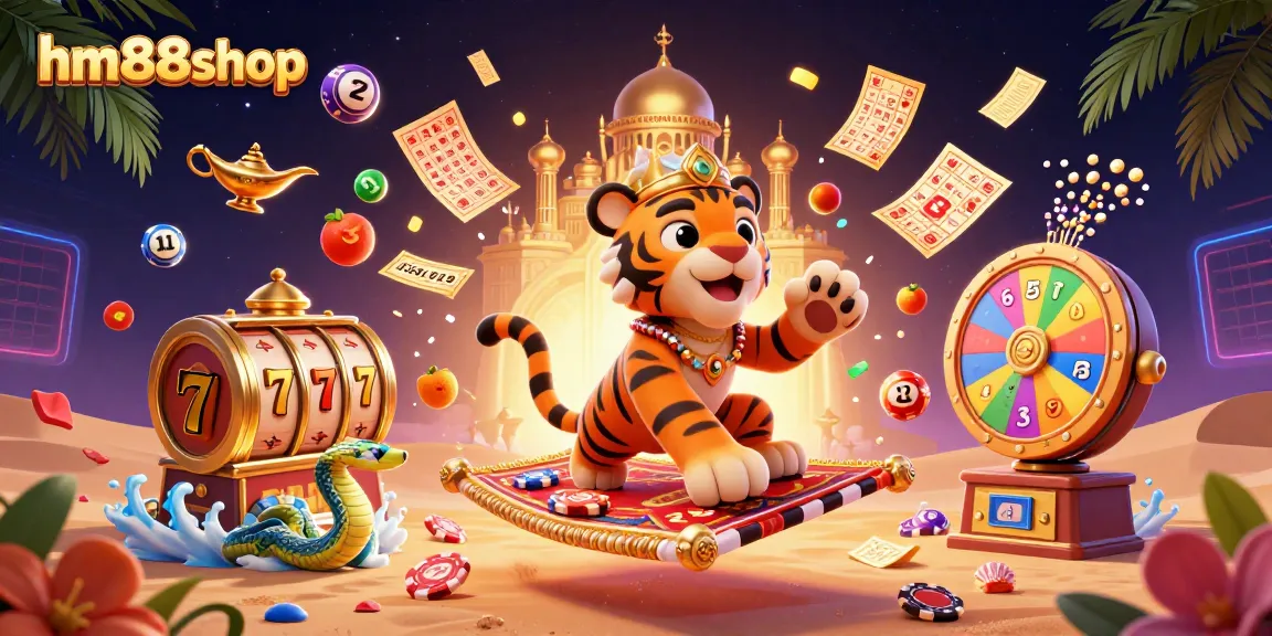 Experience winning moments with hm88shop's vibrant 3D casino scene featuring animated slot reels.