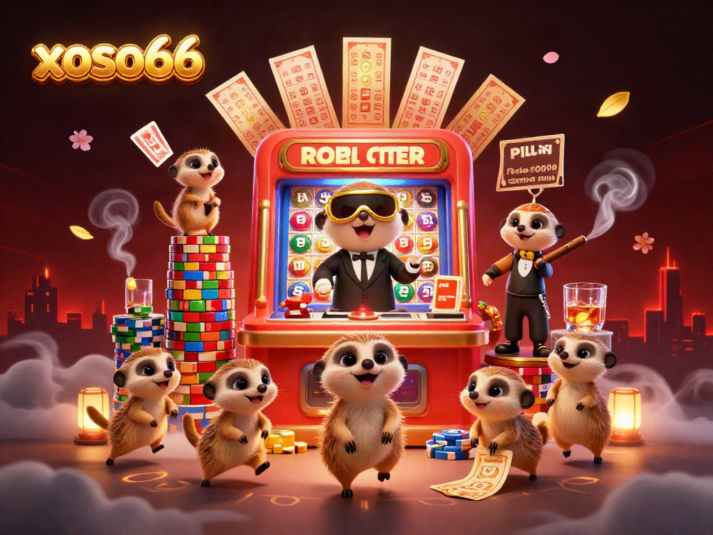 xoso66 engages players with a lively lottery scene featuring meerkats and colorful prize machines.