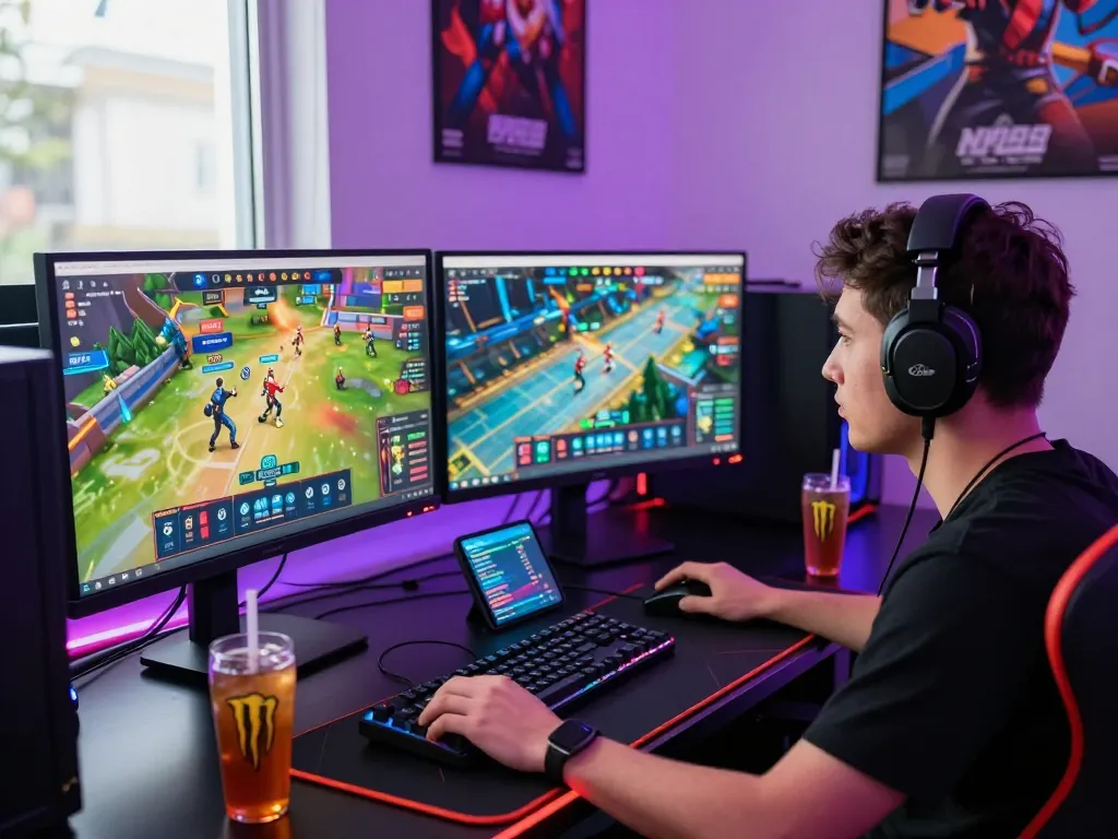 Gamer immersed in MM88 online betting platform, vibrant setup with gaming gear and LED lights.