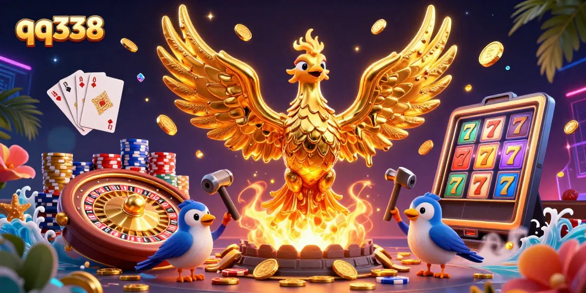 Experience thrilling gaming with qq338's golden phoenix and slot machines amidst a vibrant casino ambiance.