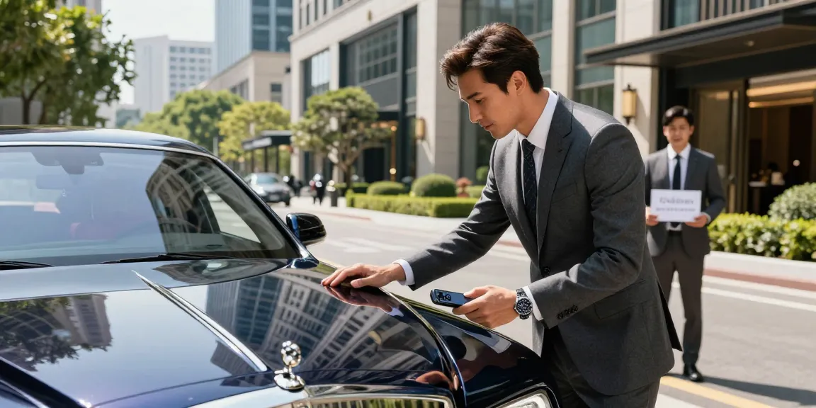 Momen memeriksa mobil sewaan LUXURY 777 di lingkungan perkotaan yang mewah.