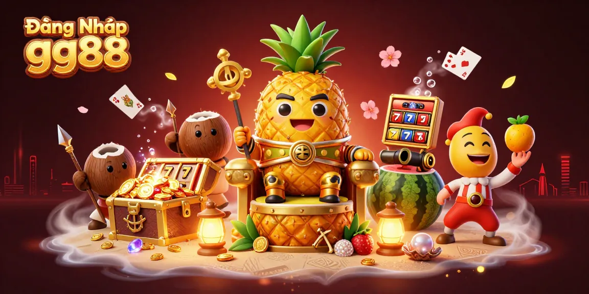 Engaging scene featuring Đăng Nhập gg88 with a golden pineapple king, vibrant treasures, and dynamic casino elements.