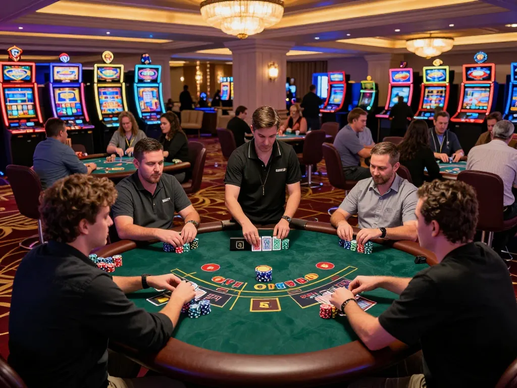 Players engaging in intense gameplay at a blackjack table, showcasing the excitement of da88 with vibrant chips and focused dealer actions.