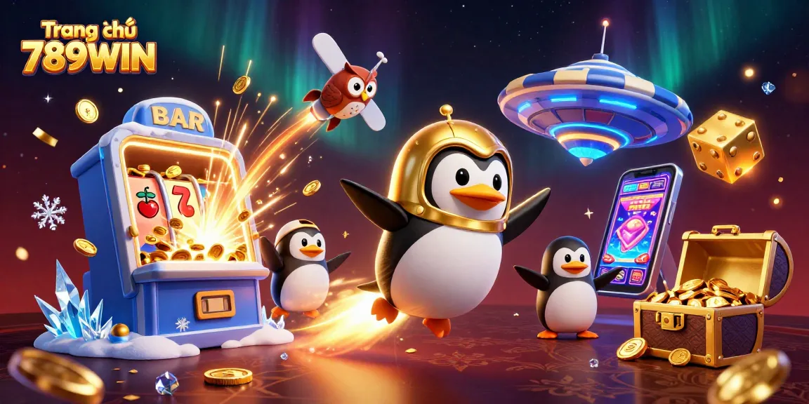 Engage in thrilling gaming experiences on Trang chủ 789WIN with vibrant casino illustration of a golden penguin embarking on an adventure.