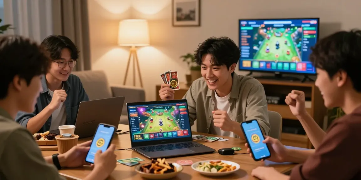 Exciting group gaming experience with 68gamebai on smartphones and tablet in a cozy living room.