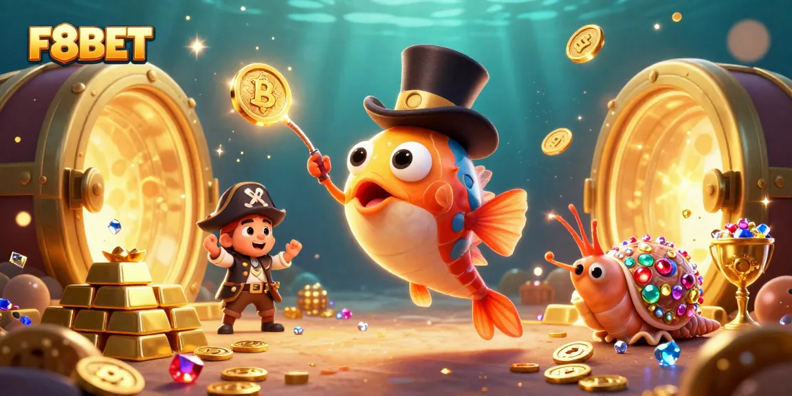 F8BET attracts players with a vibrant underwater casino scene filled with golden treasures.